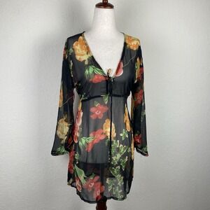 Vtg M Sheer Tunic Top Babydoll Flared Sleeve Whimsigoth Y2k Fairy Dark Floral